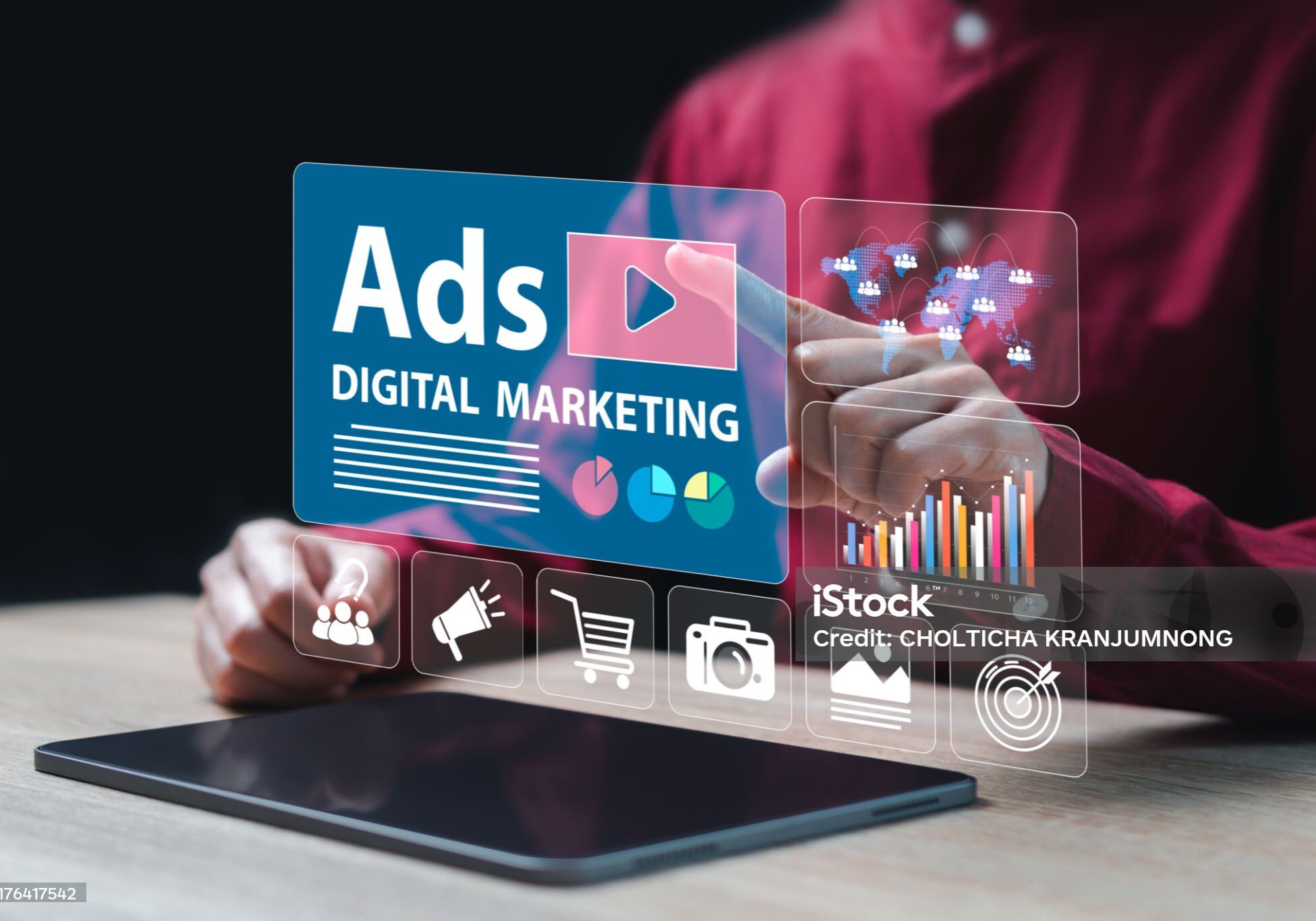 Digital marketing commerce online sale concept, Businesswomen analyze statistics for online marketing, Ads dashboards, Ads on websites and social media, Advertising increases visibility, Branding